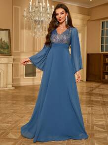 Sequined Chiffon Formal Evening Dress - Dusty Blue - View 2