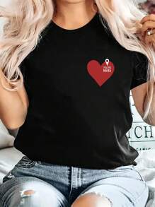 INAWLY Women's Letter & Heart Printed T-Shirt - Black - View 1