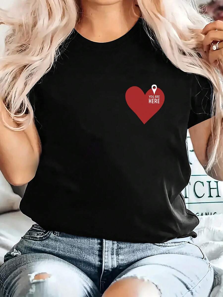 INAWLY Women's Letter & Heart Printed T-Shirt - Black - View 1