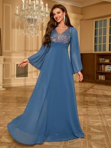 Sequined Chiffon Formal Evening Dress - Dusty Blue - View 6