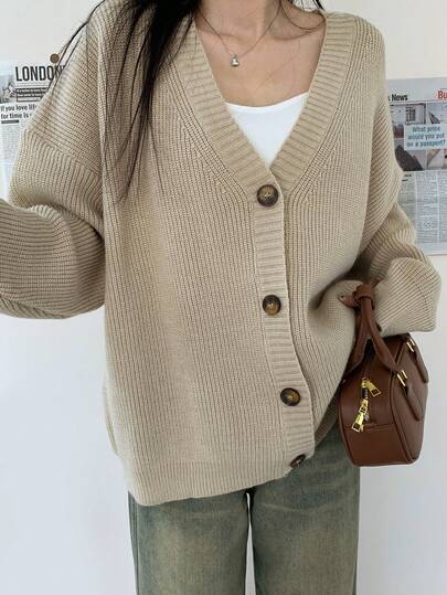 Women's Solid Color Dropped Shoulder Long Sleeve Single-Breasted Casual Cardigan, Autumn/Winter