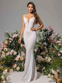 LOVE&LEMONADE Cold Shoulder Mesh Insert Sequin Mermaid Hem Wedding Dress White Elegant Bridal Dress, Bride - White - View 5