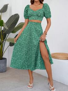 SHEIN Frenchy 女士碎花心形领口开衩上衣和裙子套装 - 綠色 - 查看 4