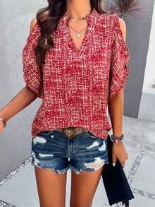 2024 Spring/Summer Stylish Casual Off-The-Shoulder Top With Notched Collar - Burgundy - View 4
