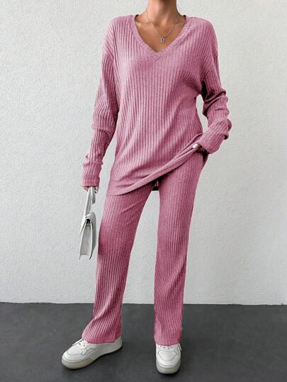 EURMUSE Women's Drop Shoulder Long T-shirt And Long Pants Set