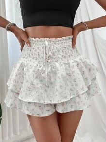 Breezaya 高腰包裝裙短褲,花卉印花和荷葉邊裝飾 - 白色 - 查看 3