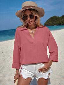 EURMUSE Women's Solid Color Turn-down Collar Long Sleeve Shirt - Pink - View 5