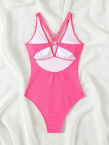SHEIN Swim 女士简约粉色连体泳衣 - 玫紅色 - 查看 4