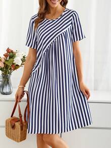 EMERY ROSE Women's Round Neck Short Sleeve Striped Dress