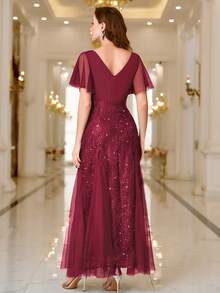 亮片蕾丝心形领口荷叶袖晚宴长裙，适合返校节、婚礼宾客、生日、正式场合、毕业典礼、情人节等场合。 - 紅色 - 查看 3