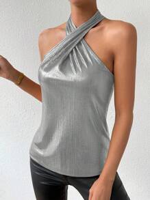 Chiquease Women's Halter Neck Top Made Of Metallic Material - Silver - View 6