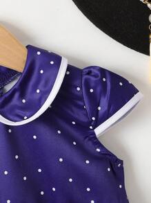 Baby Girl Polka Dot & Flower Printed Dress With Peter Pan Collar And Bubble Sleeves
