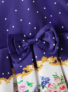 Baby Girl Polka Dot & Flower Printed Dress With Peter Pan Collar And Bubble Sleeves