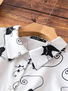 SHEIN Plus Size Cat Print Turn-Down Collar Shirt - Black and White - View 5