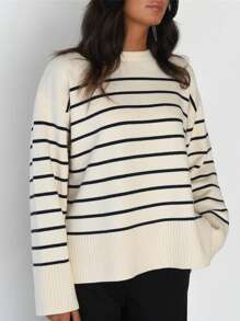 拼色条纹设计圆领毛衣，秋冬季休闲，长袖上衣 - 杏色 - 查看 3