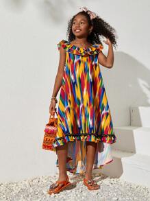 SHEIN Tween Girls' Casual Spring/Summer Full-Printed Dress With Ruffle Hem - Multicolor - View 4