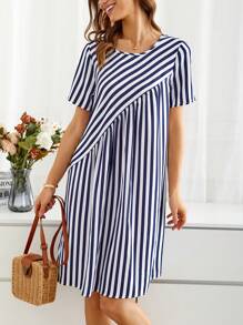 EMERY ROSE Women's Round Neck Short Sleeve Striped Dress