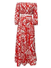 Set de 2 piezas para mujer con top hombros descubiertos rayas abstractas y falda con volantes en el bajo - Multicolor - Ver 3