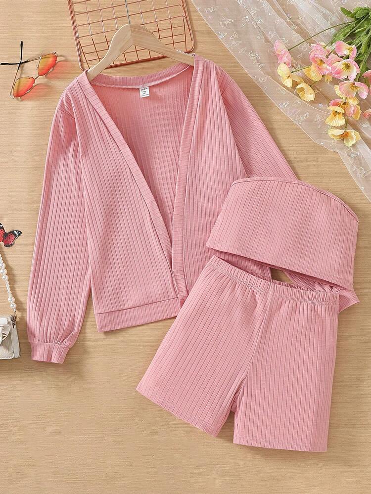 Teenage Girls' Fashionable Home Outfit Set With Tight Shorts, A Vest, A Long-Sleeved Coat And A Shawl