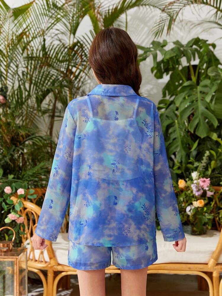 Teen Girls' Tie-Dye Single-Breasted Shirt, Camisole, Vest And Shorts 3pcs/Set