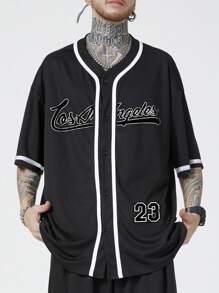 ROMWE MEN Prep Men Letter Graphic Button Front Shirt Without Tee, School - Black - View 1