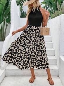 SHEIN LUNE Women's Splice Print Sleeveless Dress With Front Slit - Black - View 1