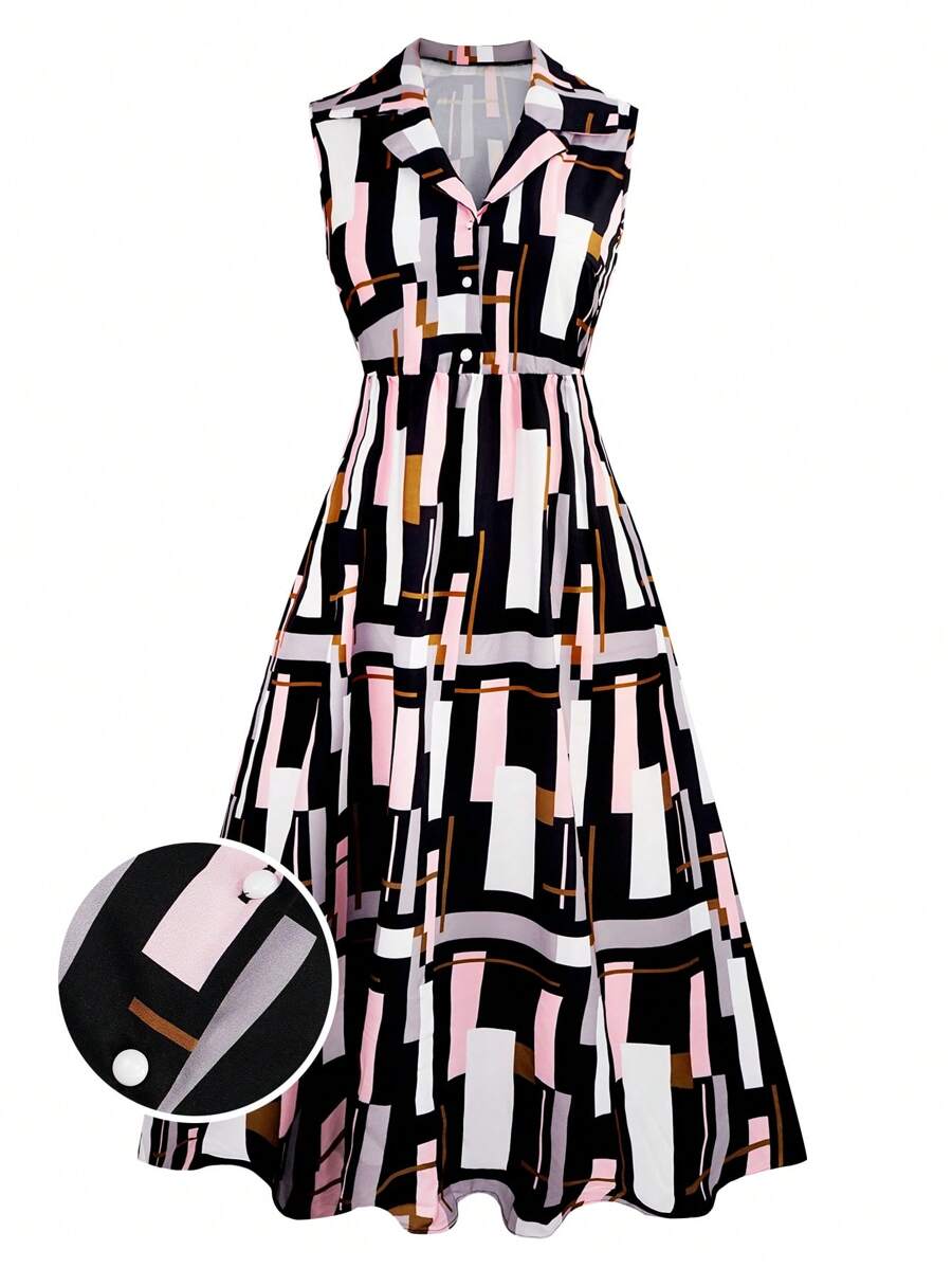 SHEIN Clasi 加大碼全印花無袖襯衫裙 - 彩色 - 查看 1