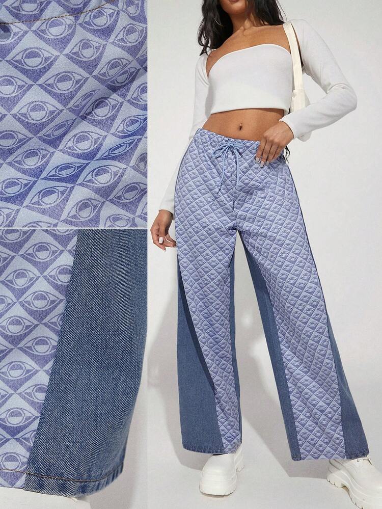 Drawstring Waist Mixed Fabric Denim Pants