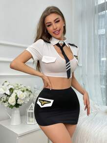 女性鑽孔紗制警察連身裙裝 - 白色 - 查看 3