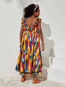 SHEIN Tween Girls' Casual Spring/Summer Full-Printed Dress With Ruffle Hem - Multicolor - View 2