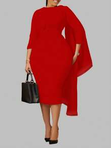 Plus Size Elegant Solid Color Fitted Dress, Valentine Day - Red - View 1