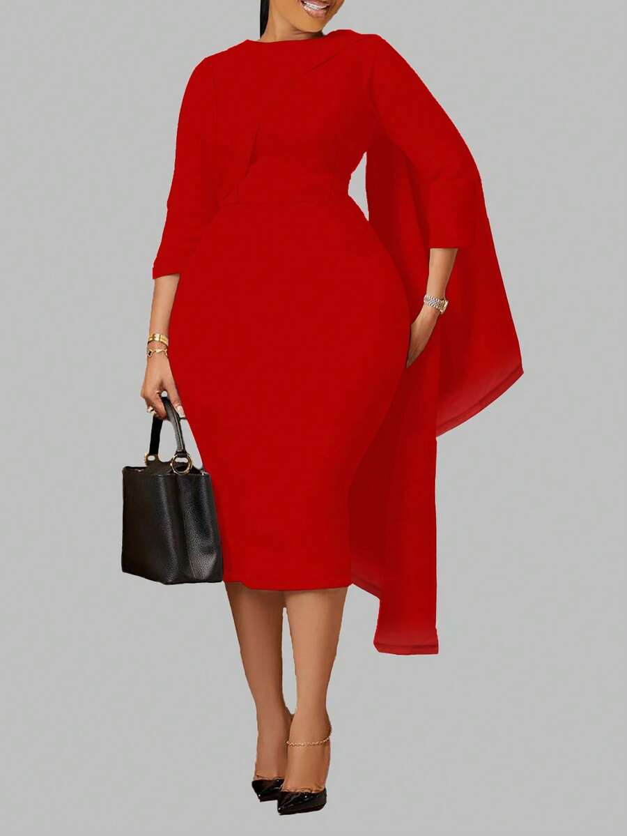 Plus Size Elegant Solid Color Fitted Dress, Valentine Day - Red - View 1