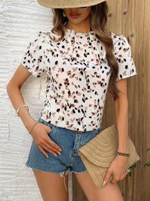 Chiquease All Over Print Puff Sleeve Blouse - Apricot - View 7