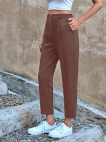 EURMUSE High Waist Fold Pleated Suit Pants - Brown - View 4