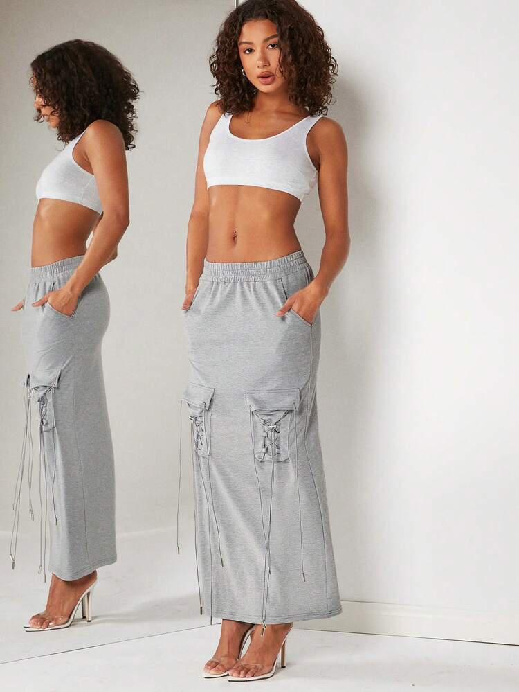 Drawstring Lace Up Flap Pocket Skirt