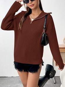 SHEIN Unity Của phụ nữ Màu thuần Giải trí Áo len - màu nâu - Xem 3