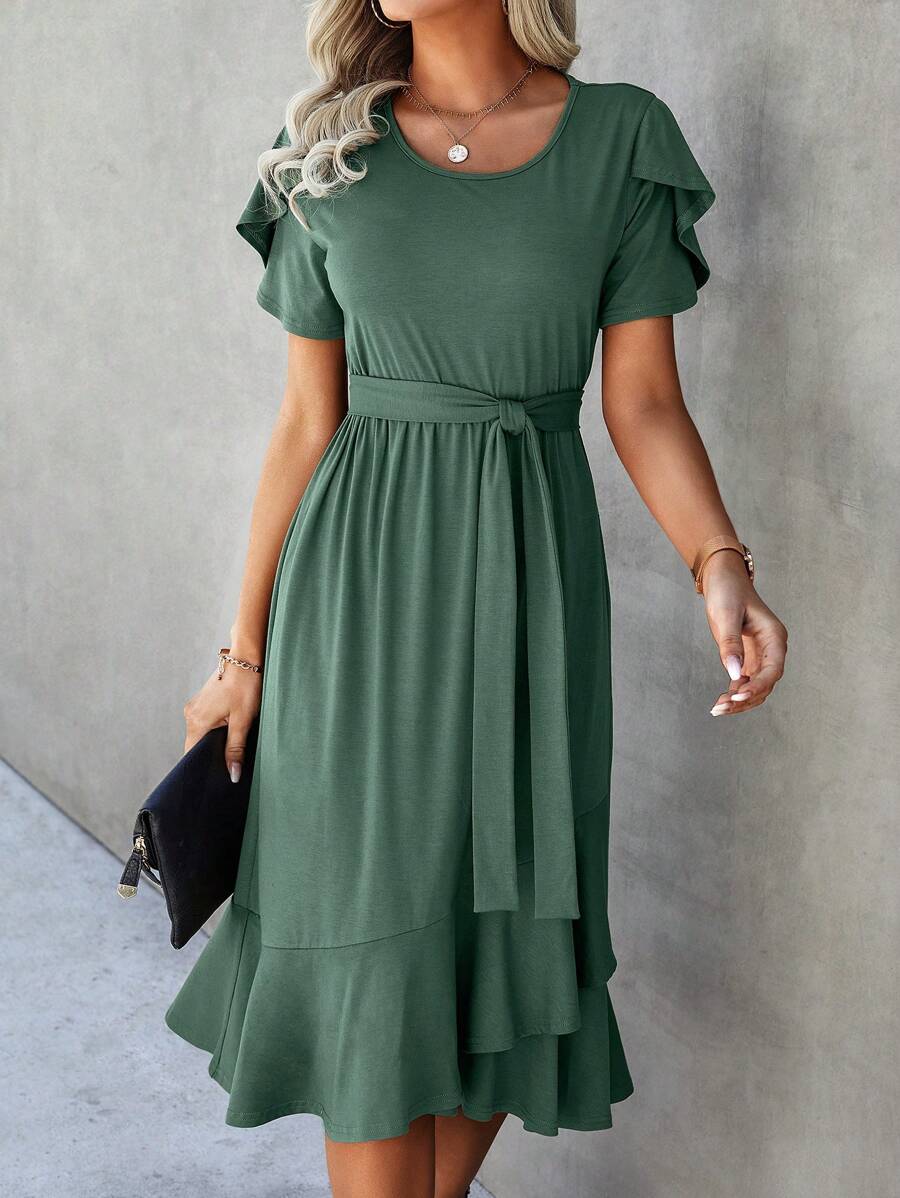 SHEIN LUNE Màu thuần Đầm Với Chồi Và Ruffled Hem - màu xanh lá - Xem 1