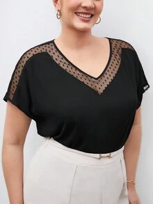 SHEIN BIZwear 大尺寸v領短袖網布料拼接t卹 - 黑色 - 查看 9
