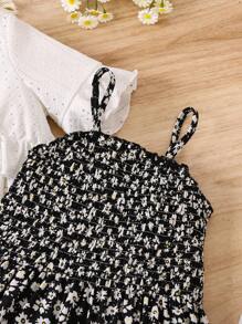 SHEIN Young Girls' Solid Hollow Out Embroidery Top And Ditsy Floral Printed Dress 2pcs/Set