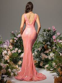 LOVE&LEMONADE 女式v領亮片晚禮服 - 玫紅色 - 查看 2