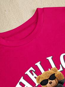 Maweii Camiseta de verano de cuello redondo para mujer talla grande con estampado de oso de peluche y letra - Rosa Fucsia - Ver 7