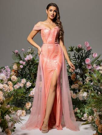 LOVE&LEMONADE Off Shoulder High Slit Mesh Splice Evening Dress