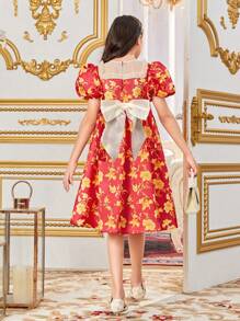 SHEIN Tween Girl's Casual Patterned Pearl Decorated Dress - Red - View 2