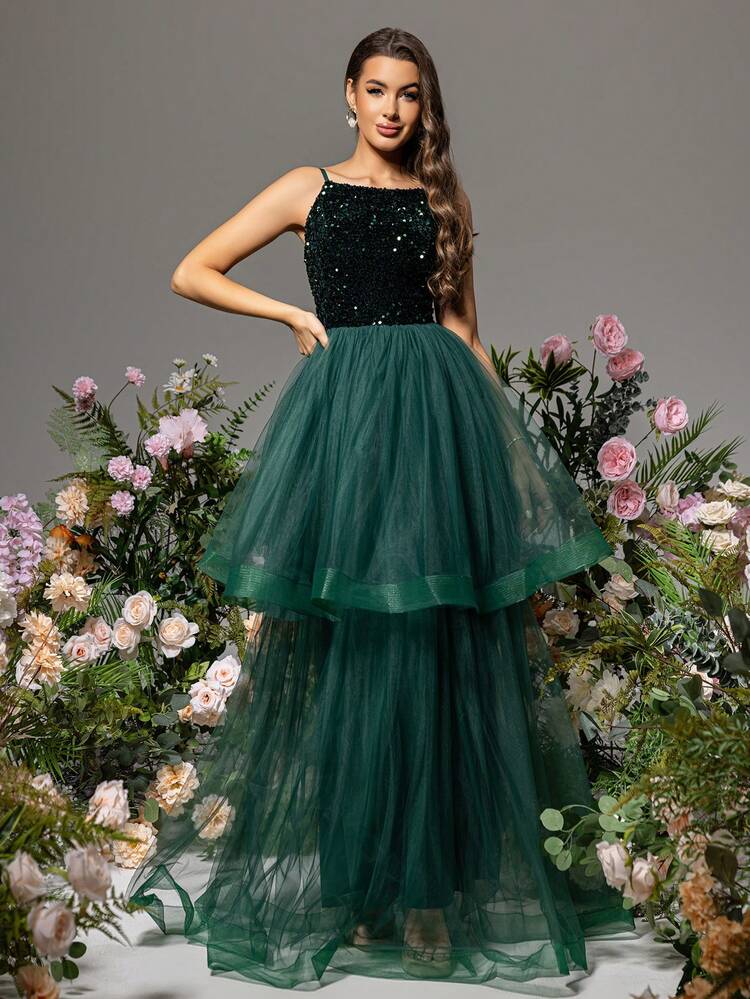 LOVE&LEMONADE 閃亮面板雙層綠色細肩帶連身裙 - 綠色 - 查看 4