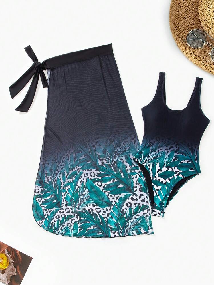 Summer Ombre Tropical & Leopard Print One-Piece Swimsuit And Knotted Side Swim Skirt Music Festival