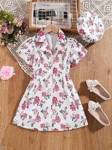 SHEIN Trẻ Cô gái Phong cách Vintage Dệt Kỳ nghỉ bờ biển In Đầm Với mũ , Mùa Xuân Và Mùa hè - Nhiều màu - Xem 6
