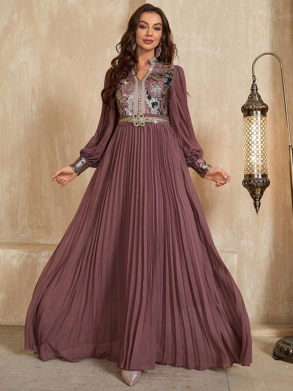 Women's V-Neck Pleated Arabian Style Modest Long Sleeve Dress