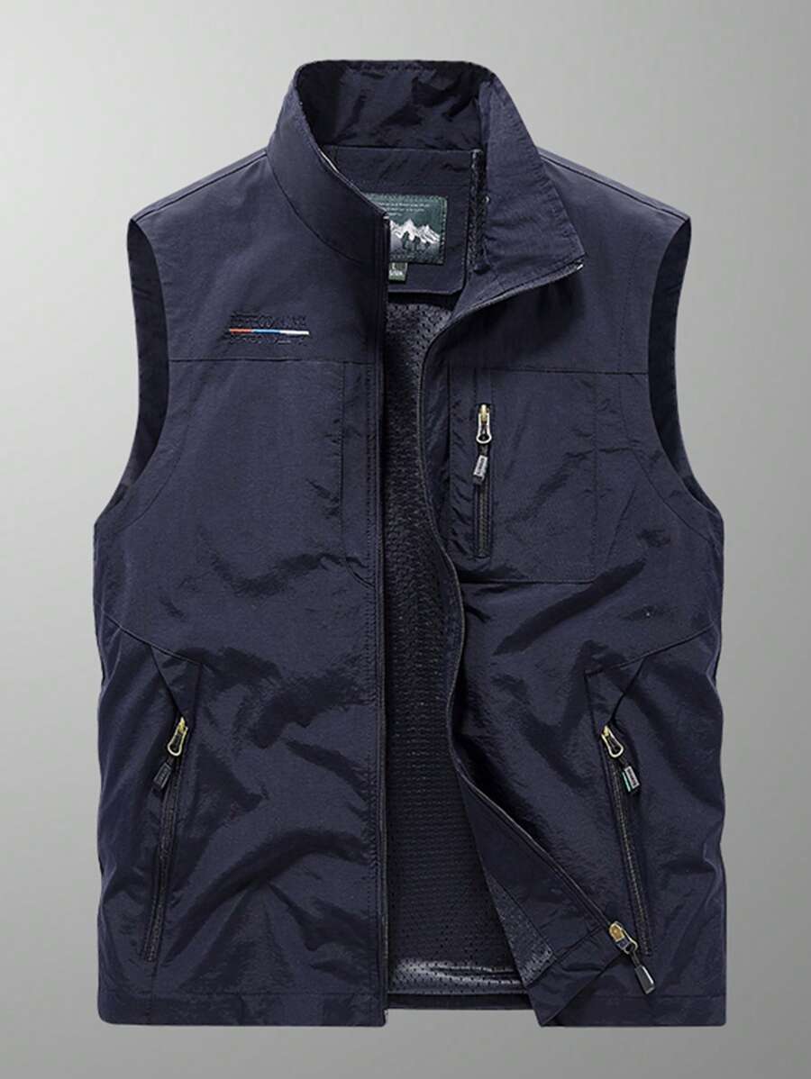 Men's Casual Navy Blue Zip Pocket Vest, Breathable - Navy Blue - View 1