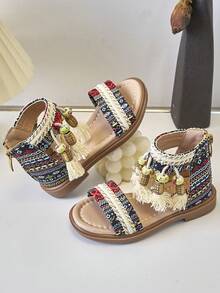 兒童流蘇裝飾平底涼鞋 - 黑色 - 查看 3