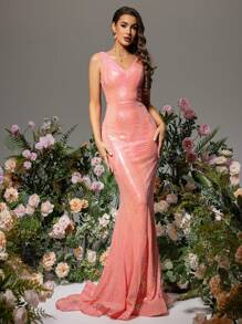 LOVE&LEMONADE 女式v領亮片晚禮服 - 玫紅色 - 查看 1